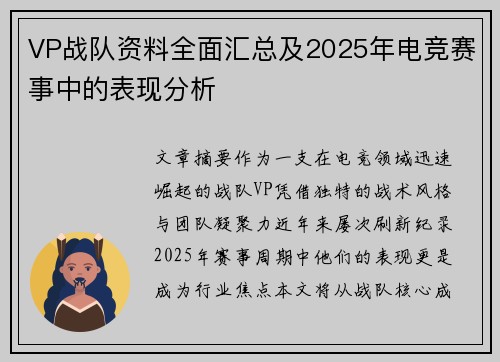 VP战队资料全面汇总及2025年电竞赛事中的表现分析